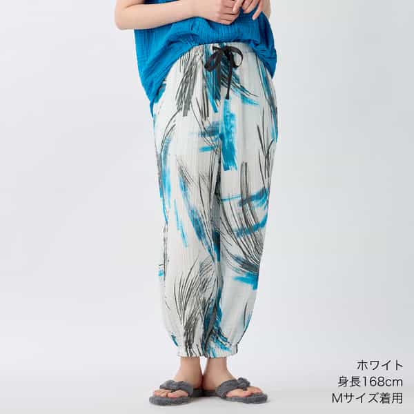 クレープガーゼブルーパームレディスパンツ