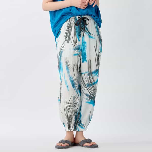 クレープガーゼブルーパームレディスパンツ