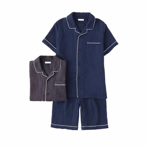 クレープガーゼパイピング半袖メンズパジャマ