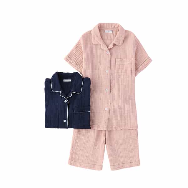 クレープガーゼパイピング半袖レディスパジャマ