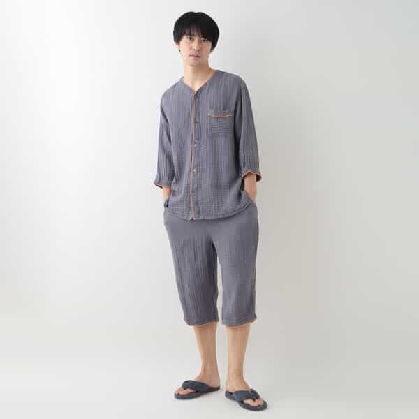 クレープガーゼ ノーカラーメンズパジャマ