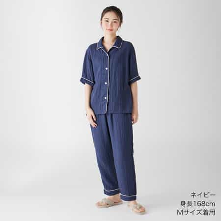 クレープガーゼパイピング半袖レディスパジャマ