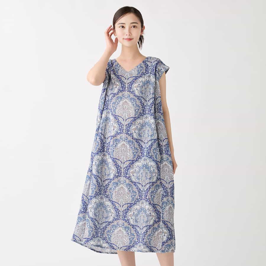 クレープガーゼ レディス Vネックワンピース（RTS12638）-UCHINO