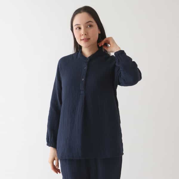 マシュマロワッフルガーゼライト スタンドカラー レディスプルオーバー