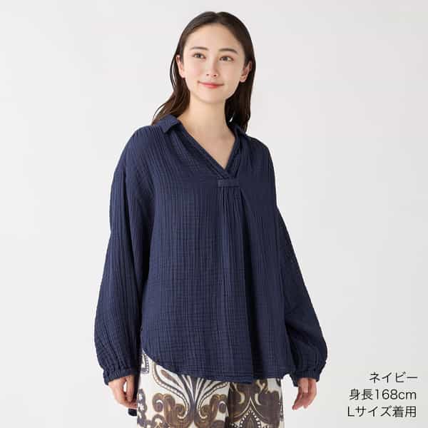 クレープガーゼギャザーレディスブラウス