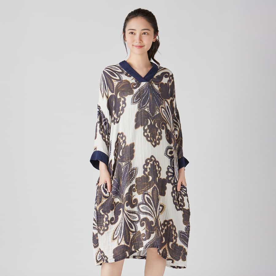 クレープガーゼ レディス Vネックワンピース（RTS12638）-UCHINO