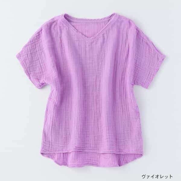 クレープガーゼレディスＶネックＴシャツ　