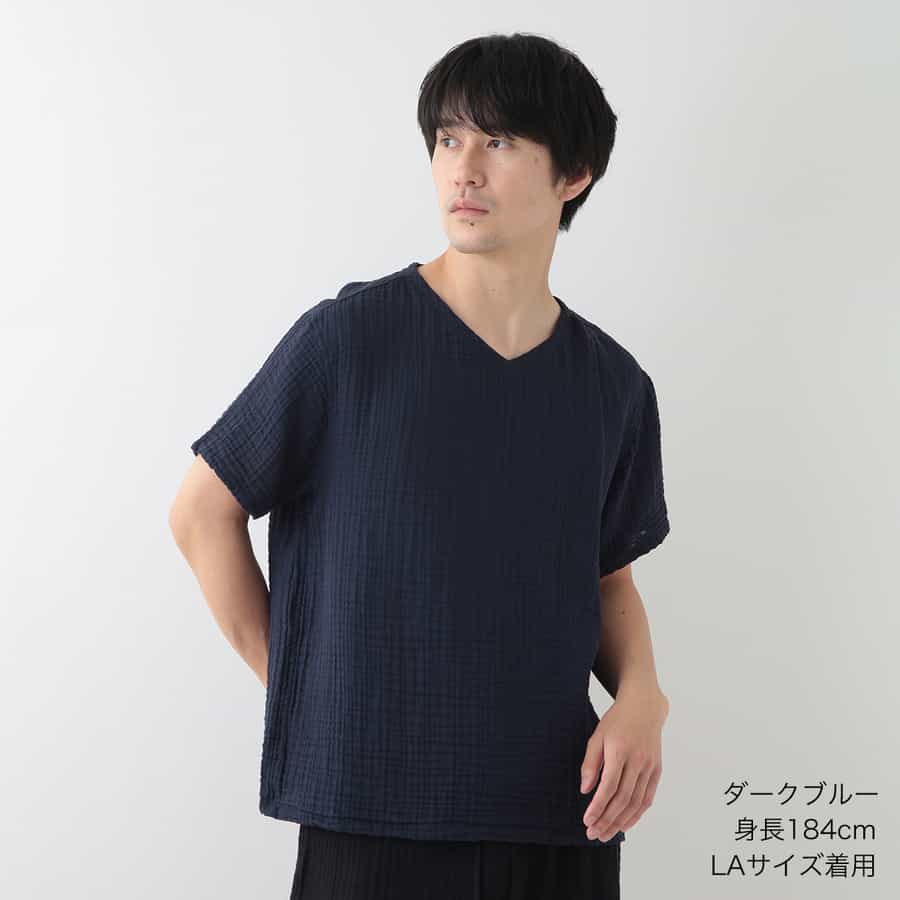 UCHINO(ウチノ) クレープガーゼベーシック メンズ VネックTシャツ ライトブルー XL