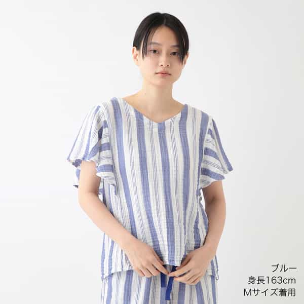 クレープガーゼ ストライプラッフルスリーブブラウス(RTS15880 クレープガーゼ ストライプラッフルスリーブブラウス(RTS15880