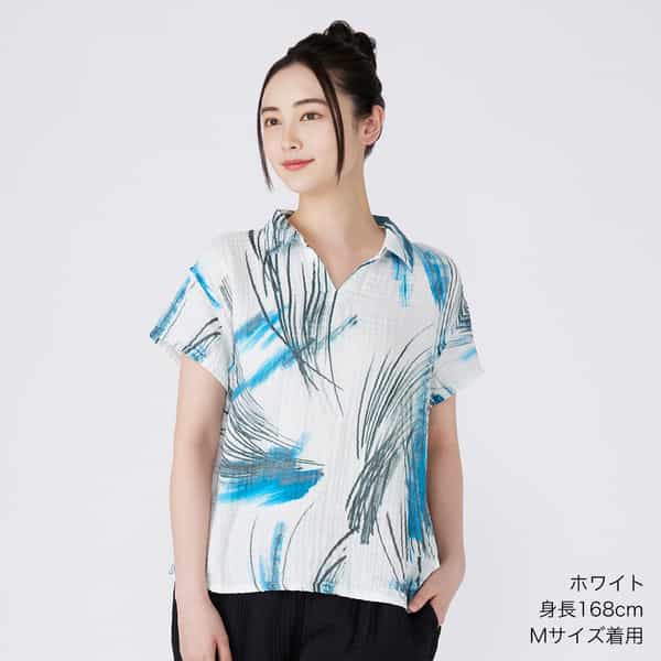 クレープガーゼブルーパームレディスブラウス