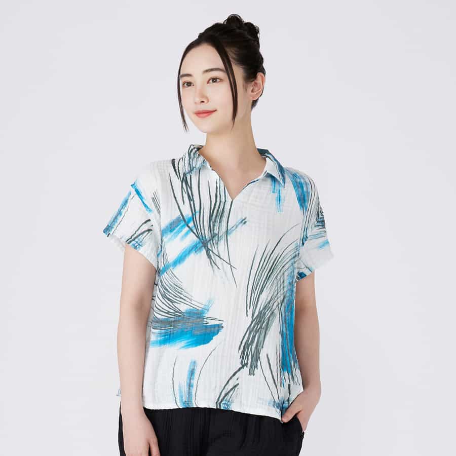 クレープガーゼブルーパームレディスブラウス