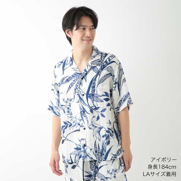 クレープガーゼ リリーフラワーメンズシャツ（RTS19127）-UCHINO