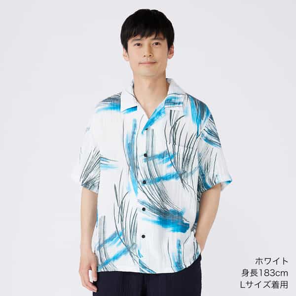 クレープガーゼブルーパームメンズシャツ