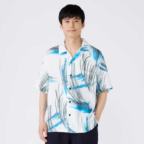 クレープガーゼブルーパームメンズシャツ