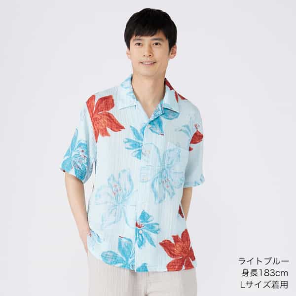 クレープガーゼオアシスフラワーメンズシャツ