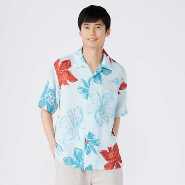 クレープガーゼオアシスフラワーメンズシャツ