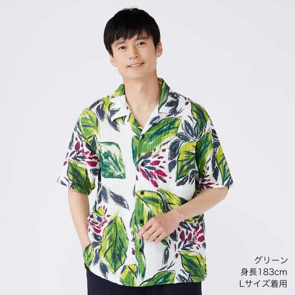 クレープガーゼトロピカルリーフメンズシャツ
