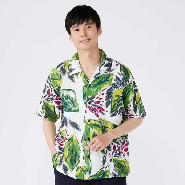 クレープガーゼトロピカルリーフメンズシャツ