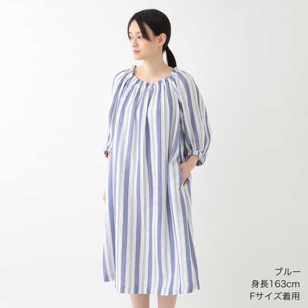 クレープガーゼ ストライプギャザーワンピース