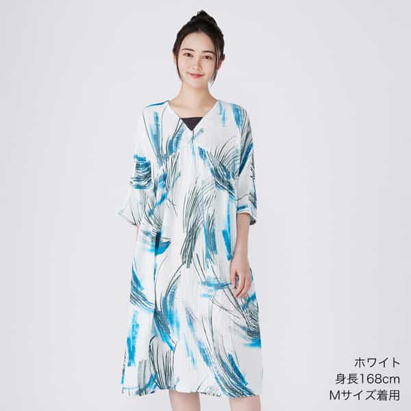 クレープガーゼブルーパームレディスワンピース