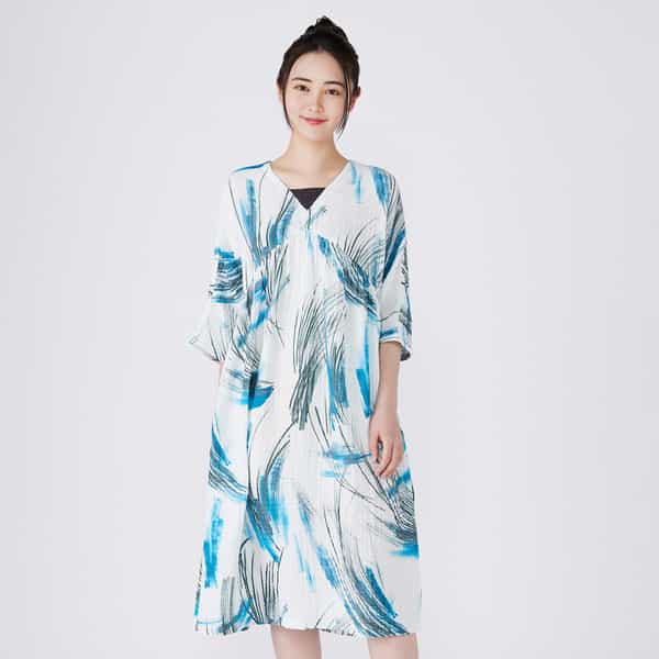 クレープガーゼブルーパームレディスワンピース