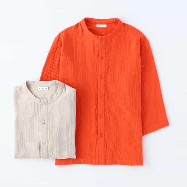 【再値下げ】マシュマロガーゼメンズ七分袖スタンドシャツ