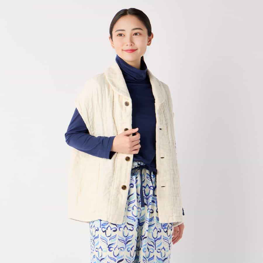 マシュマロワッフルガーゼショールカラーベスト ユニセックス