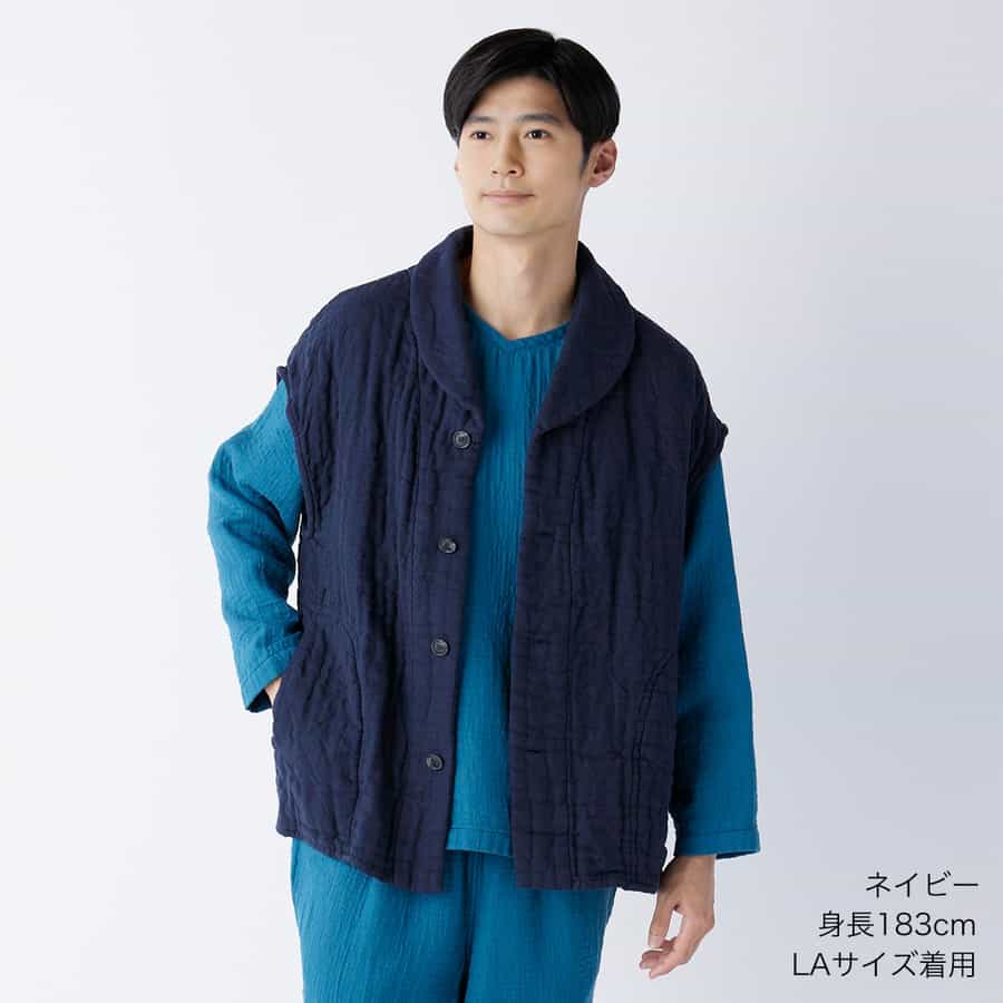 マシュマロワッフルガーゼショールカラーベスト ユニセックス