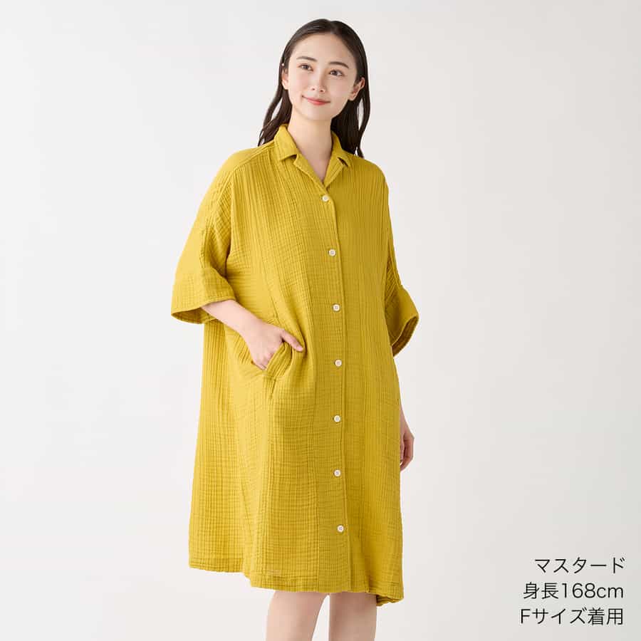 クレープガーゼオープンカラーワンピース（RWF25926）-UCHINO-women