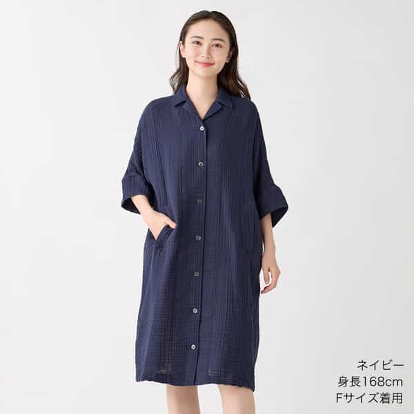 クレープガーゼオープンカラーワンピース