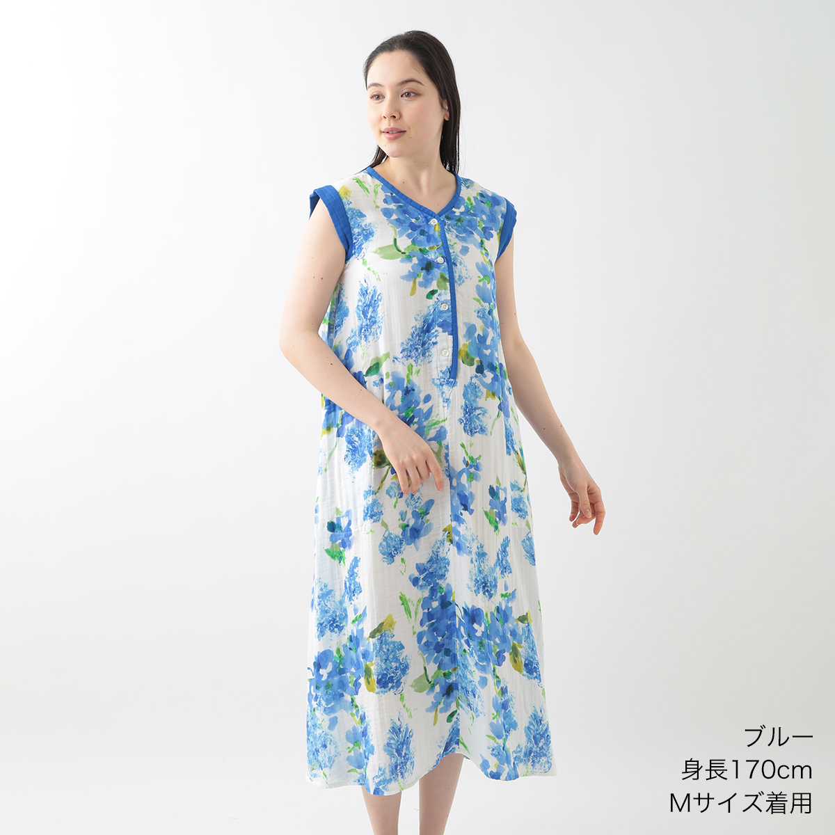 クレープガーゼ ブルーフラワーノースリーブワンピースOA（RWS30117）-UCHINO relax-women（ウィメンズ）-UCHINO  Online Shop